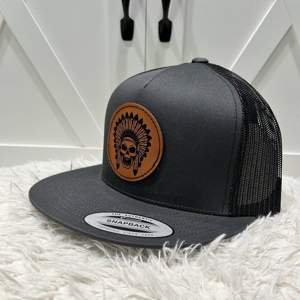 Flat bill SnapBack hat Aztec skull